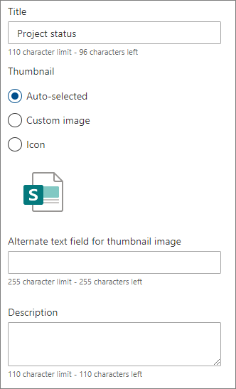 Options for an individual quick link