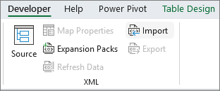 XML commands on the Developer tab