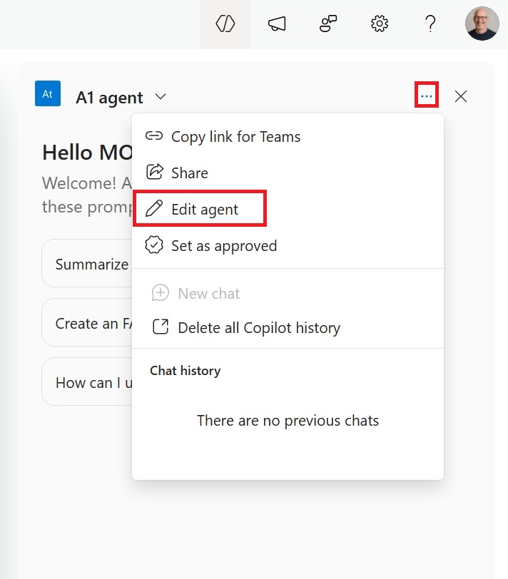 Screenshot of menu to edit a SharePoint agent from the sidecar