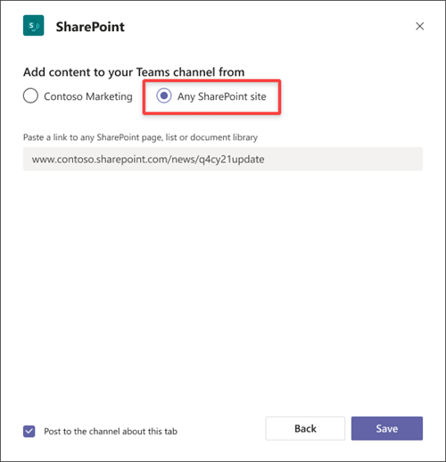 Select Any SharePoint site radio button to paste a link form a different site.