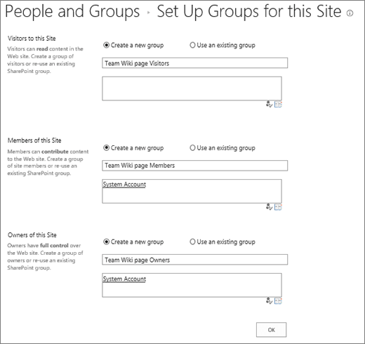 Set up groups for site dialog box