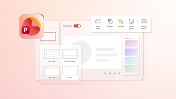 Illustration of the Microsoft PowerPoint interface showing slide design tools, layout options, and a color palette.