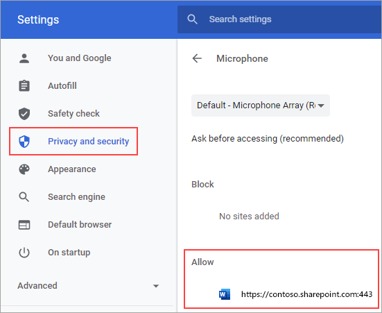 Microphone permissions settings page for Chrome