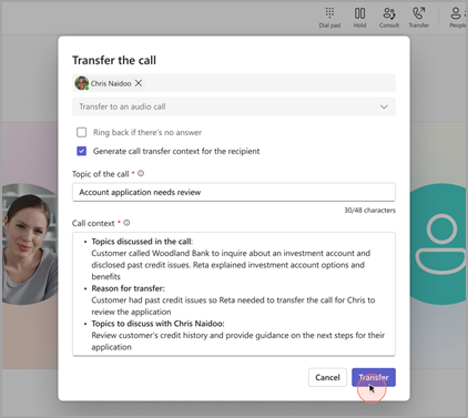 Screenshot showing a call transfer in Teams with Copilot summary enabled.