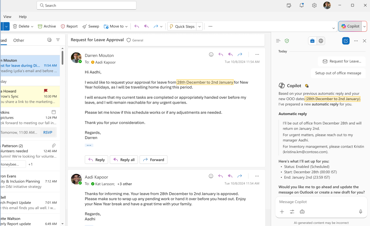 Screenshot of Copilot's response to create an automatic reply in Copilot in Outlook