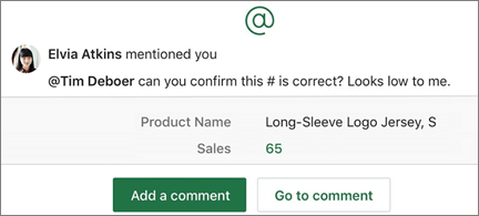 Spreadsheet with @mention and Add a Comment and Go to Comment buttons