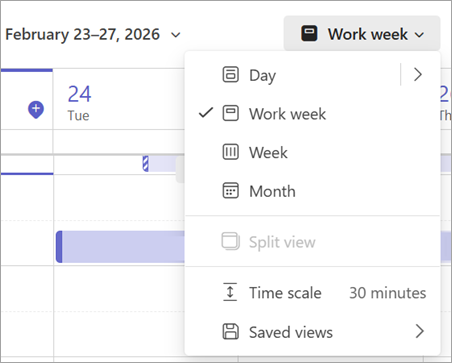 Screenshot of dropdown menu showing different calendar views in Teams.