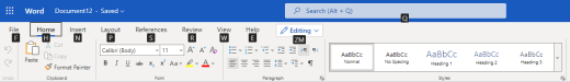 The ribbon with the access keys in  Word for Web