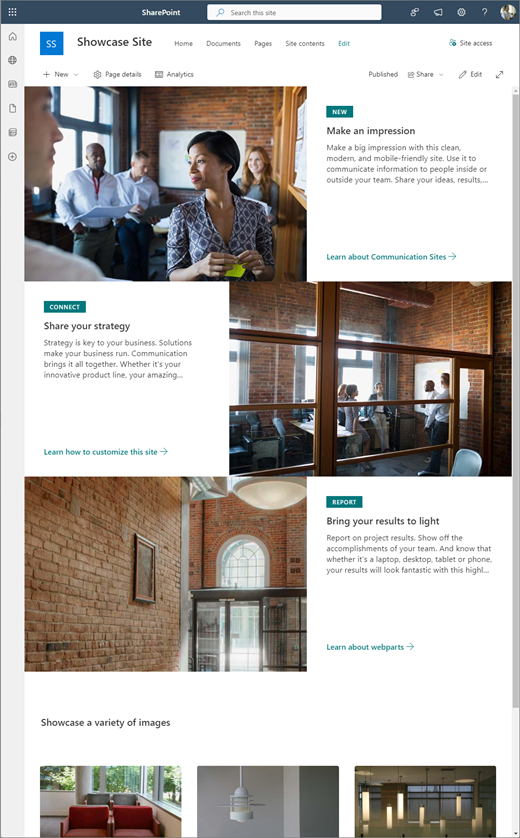 SharePoint communication site showcase design