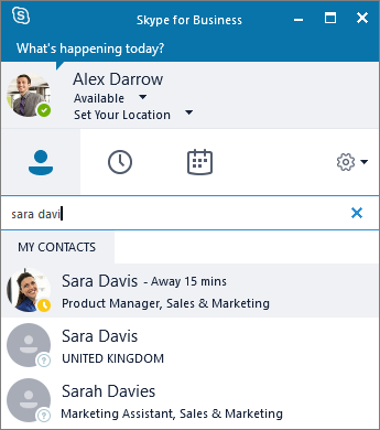 Screenshot of the Skype for Business window while searching for a contact to add.