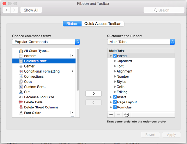 Screenshot of Mac Customize Ribbon dialog box