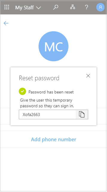 Copy the temporary user password after a reset in My Staff