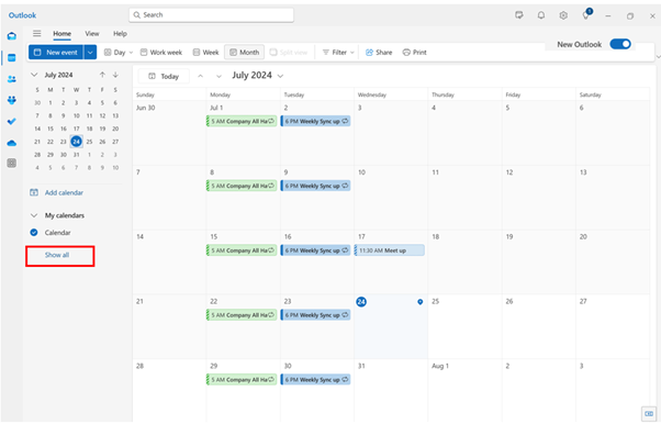 Screenshot showing show all option in new outlook calendar