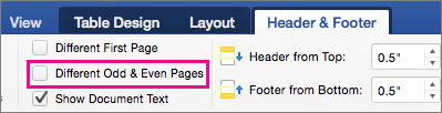 Different Odd and Even Pages is highlighed on the Headers & Footers tab