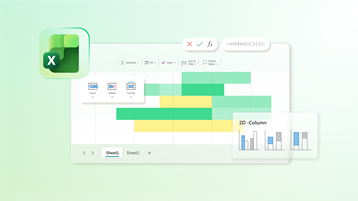 Illustration of the Excel app including the app icon and spreadsheet interface with colored cells, chart options, and formula bar.
