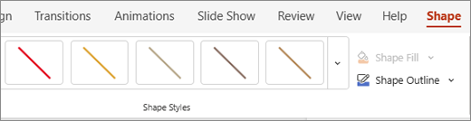 On the Shape tab, you can select a quick style to apply to the currently selected line.