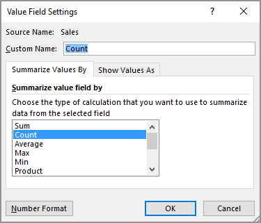 Value Field Settings dialog box