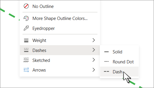 On the Shape tab, under Shape Outline, you can change a solid line to dashed or dotted.