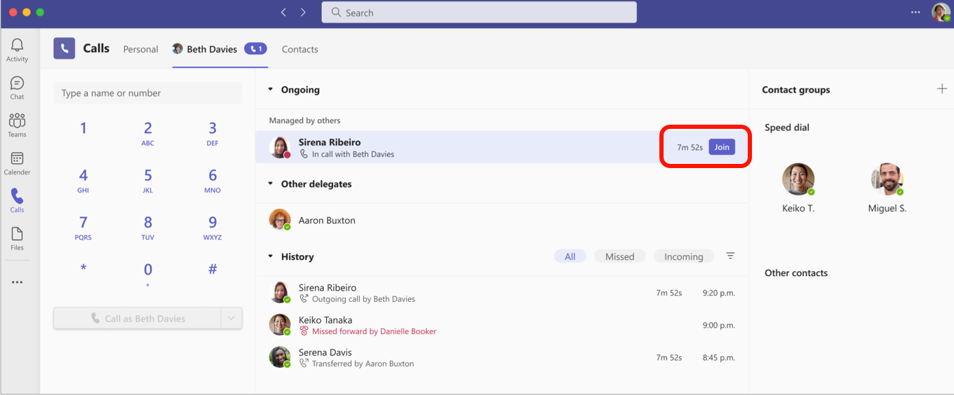 Join an ongoing call in the Calls tab.