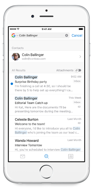 Shows a mobile screen, with the search bar at the top and a name typed into it. Search results are below the search bar.