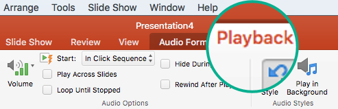 When an audio clip is selected on a slide, a Playback tab appears on the toolbar ribbon for setting playback options.