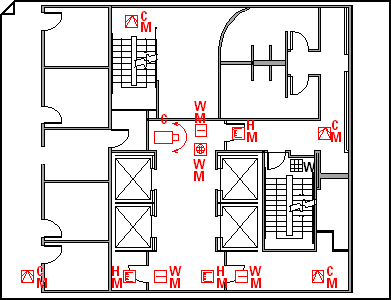 "Security and access plan showing locations of cameras, card readers, and keypad devices"