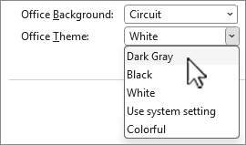 Screenshot of Office theme selections.