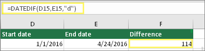 Cell D15 with 1/1/2016, Cell E15 with 4/24/2016, Cell F15 with formula: =DATEDIF(D15,E15,"d") and result of 114