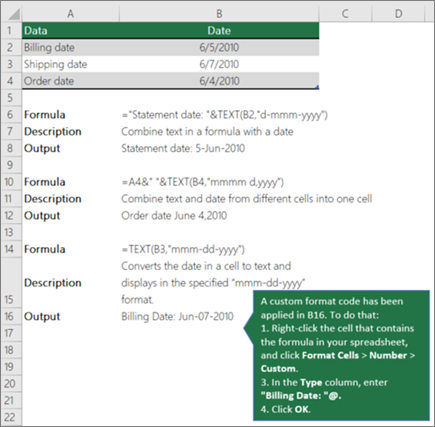 Examples to show how formulas can combine text with date and time values