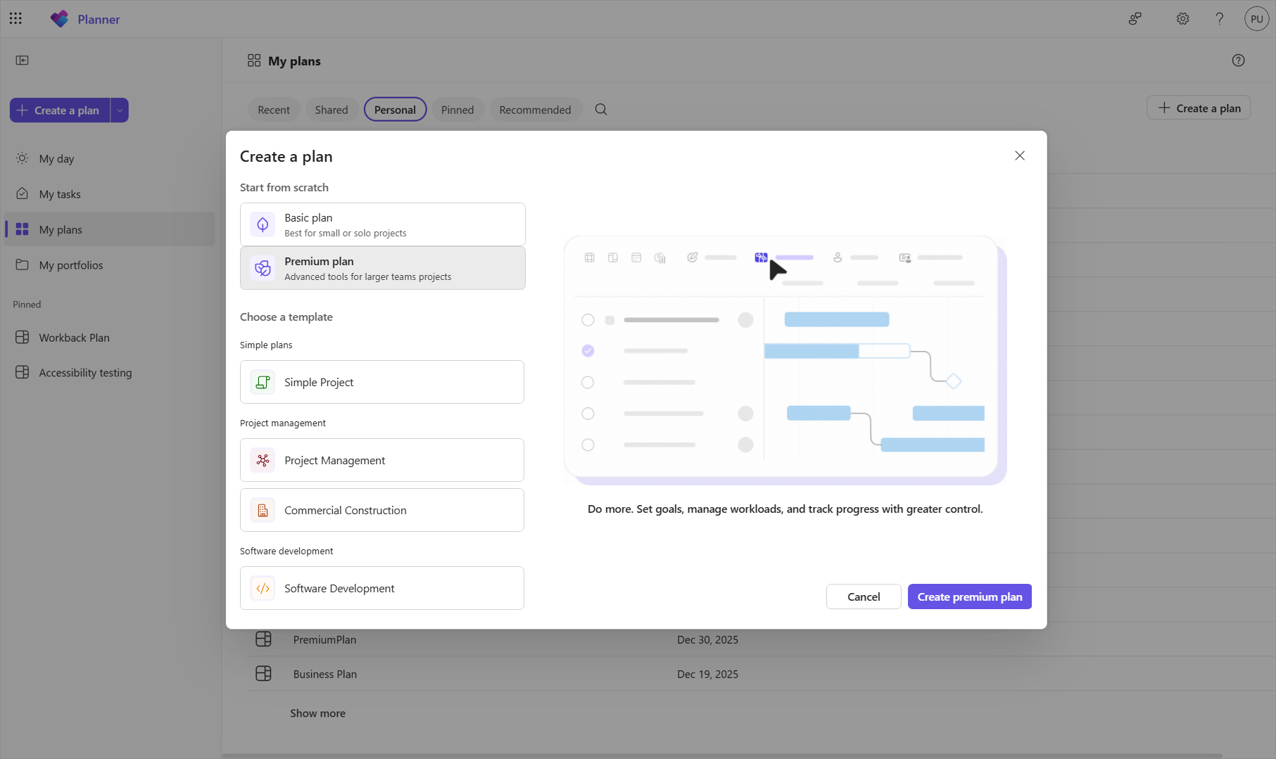 A screenshot of Planner for the web shows the My Plans view with the Create a plan window open and the “Premium plan” option selected.