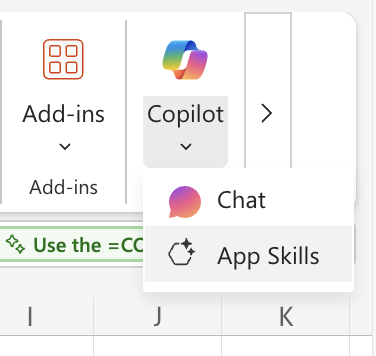 Use the Copilot menu in the Excel ribbon to access App Skills options like advanced analysis with Python in Excel and Copilot.