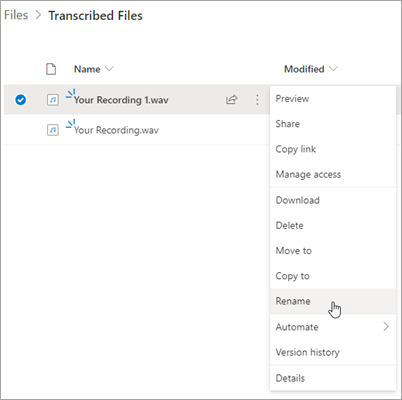 OneDrive file interface with recording highlighted and Rename option highlighted in the context menu