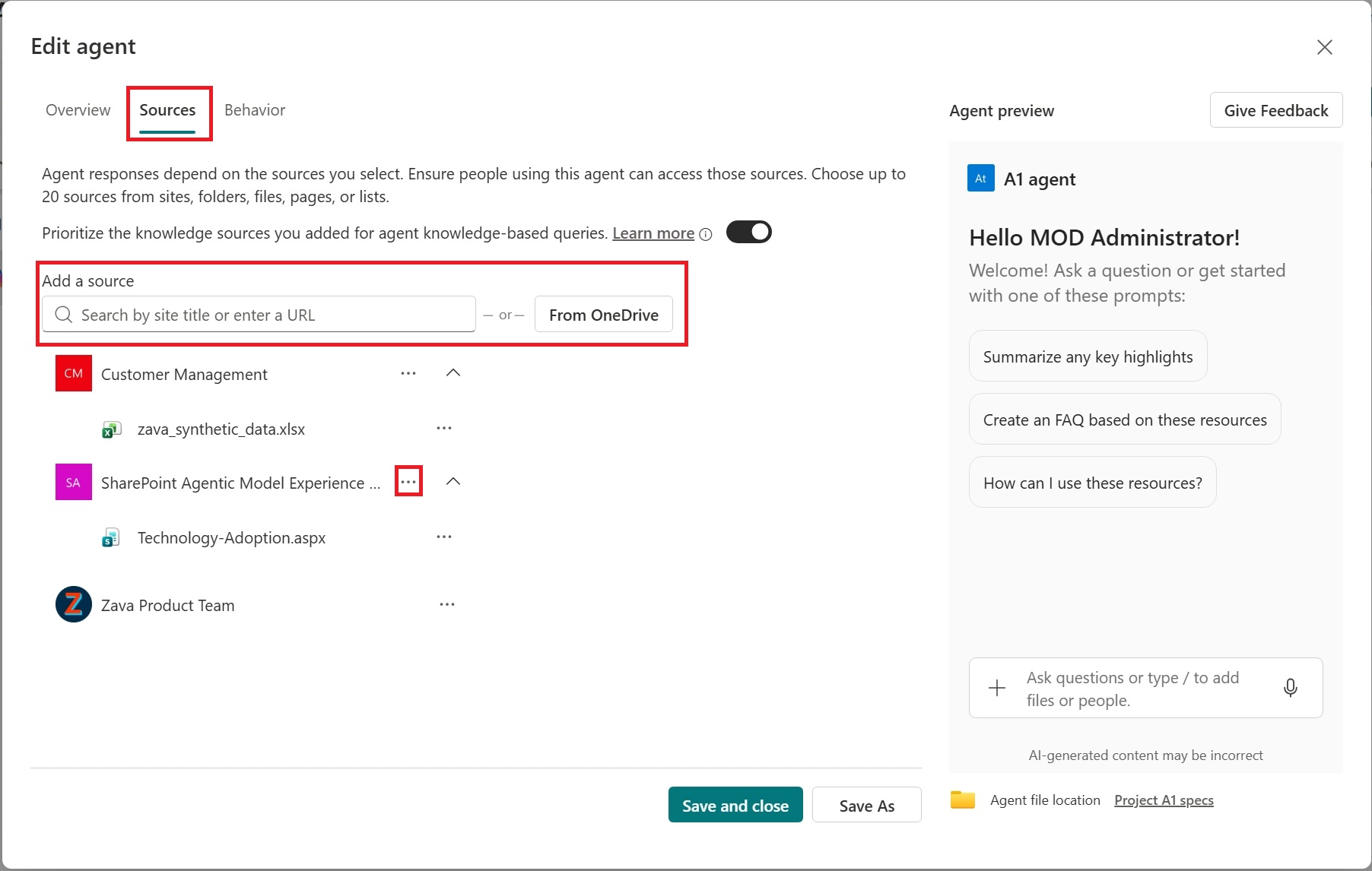 Screenshot of the sources tab when editing a SharePoint agent