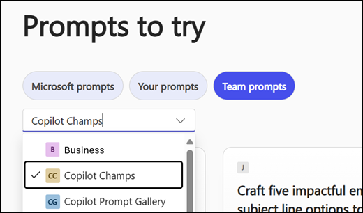 The Team prompts section of the Copilot Prompt Gallery with a team selected to show the prompts that have been shared with that team.