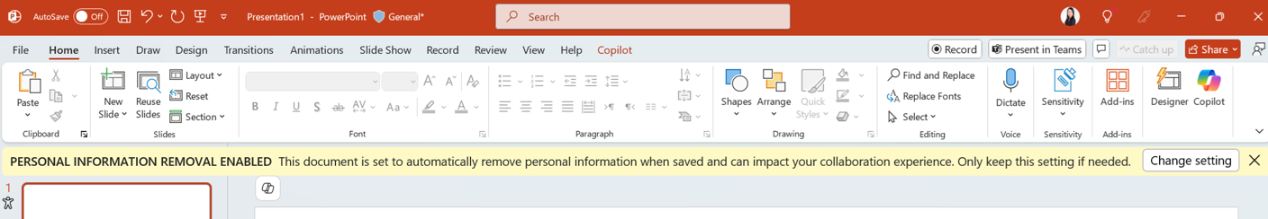 The "Personal Information Removal Enabled" notification in PowerPoint app
