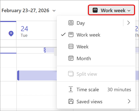 Screenshot highlighting the work week view in the Teams calendar.