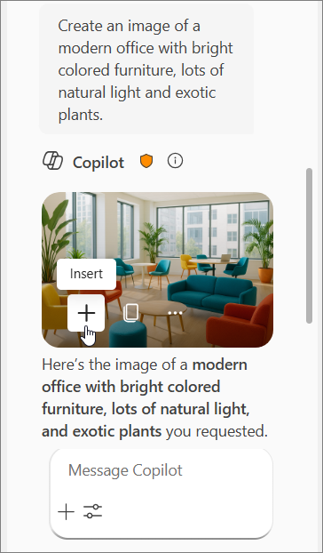 Shows a Copilot prompt for an image of a modern office with colored furniture, natural light, and exotic plants, followed by four images.