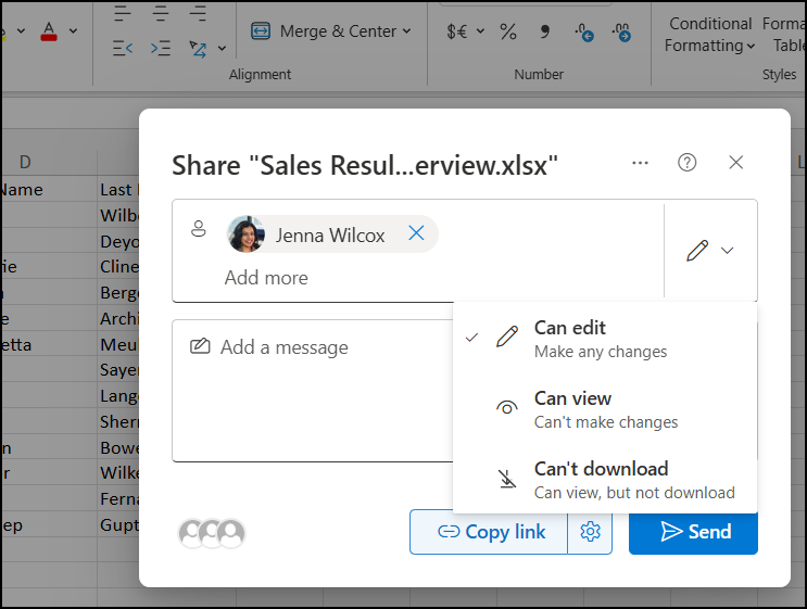 Share icon and dialog box in Excel