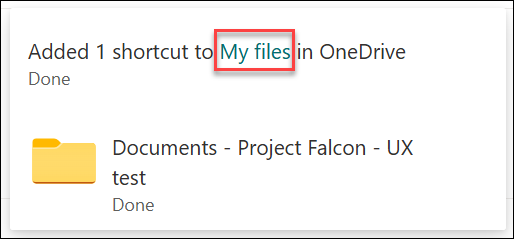 Screenshot of message of Added shortcut to myfiles