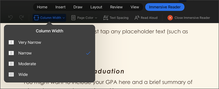 screenshot of immersive reader with column width selected, options are very narrow, narrow, moderate, wide