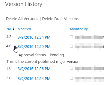 Version history with one minor version deleted