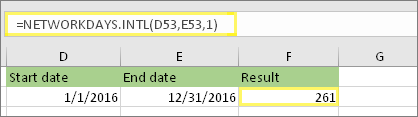 =NETWORKDAYS.INTL(D53,E53,1) and result: 261