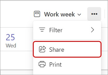 Screenshot highlighting the "Share" option in a Teams calendar.