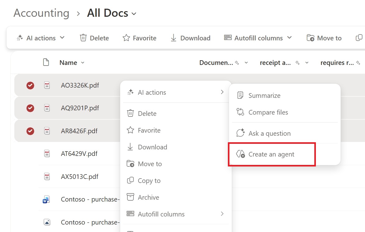 Screenshot showing button to create agent from file or folder selection context menu