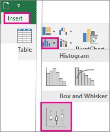 Box and Whisker Chart type on the Insert tab in Office 2016 for Windows