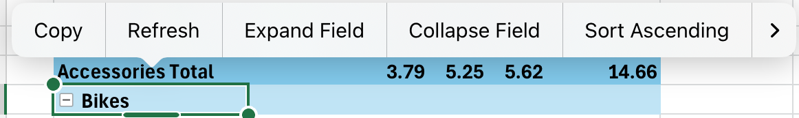 Expand or collapse a PivotTable field on iPad through the context menu.