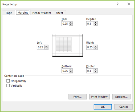 Page Setup > Margin options