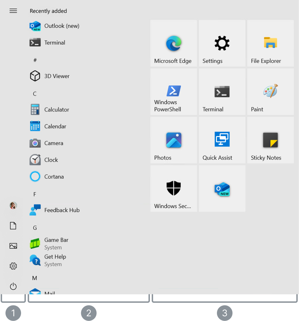 screenshot of the Windows 10 Start menu with the 3 main areas highlighted.