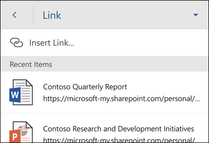 Insert a hyperlink to a recently-used Office file.