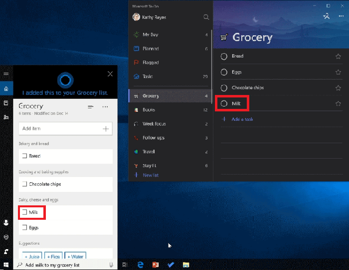 Screenshot showing both Cortana and Microsoft To-Do open on Windows 10. Milk has been added to the grocery list using Cortana and is also available in the grocery list in Microsoft To-Do